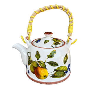Ceramic Teapot with Woven Handle - Pear & Blueberry, transparent background