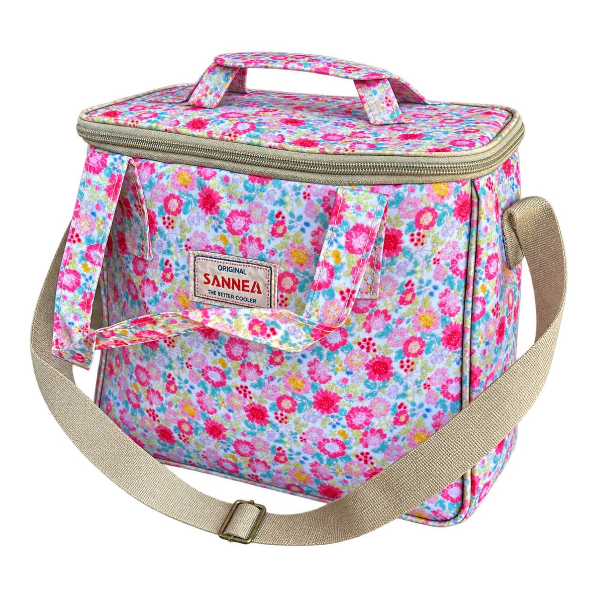 Pink flower coolbag product on white background