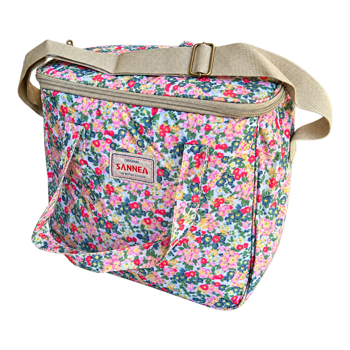 Red and pink flower coolbag product on transparent background