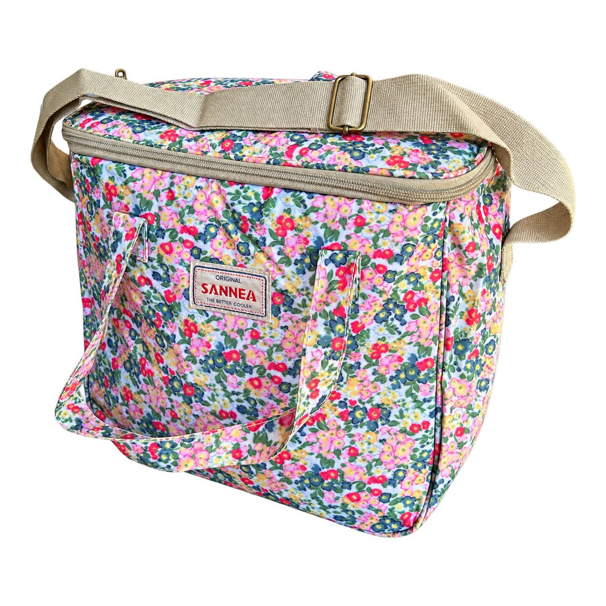 Red and pink flower coolbag product on white background