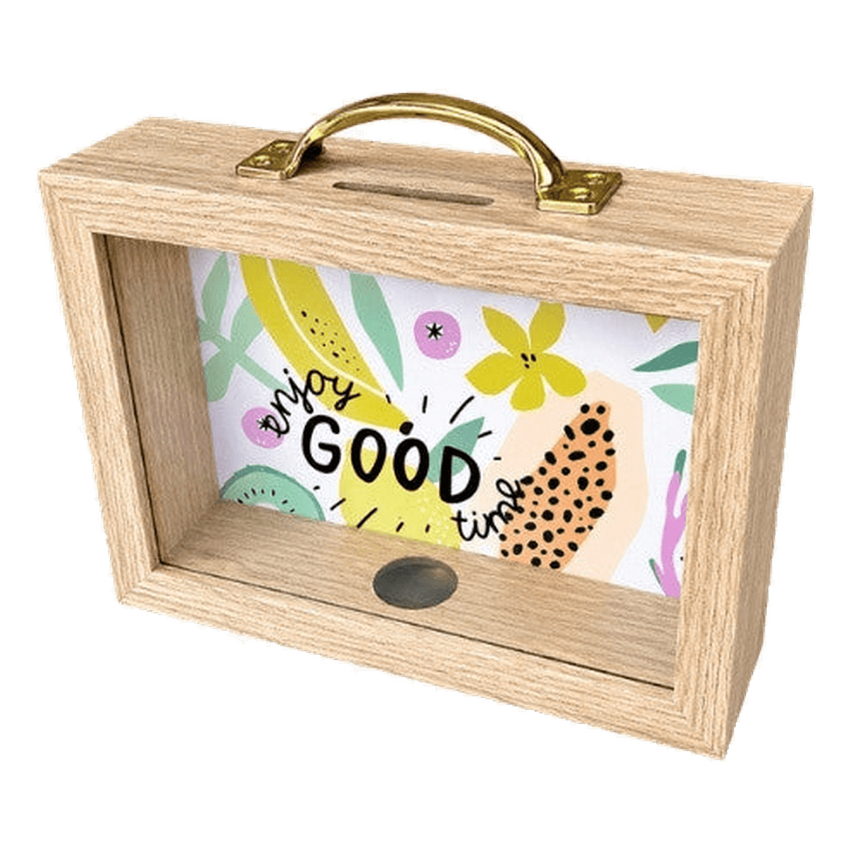 Rectangle Wooden Money Box – Enjoy the Good Times, transparent background, 1254 x 1254