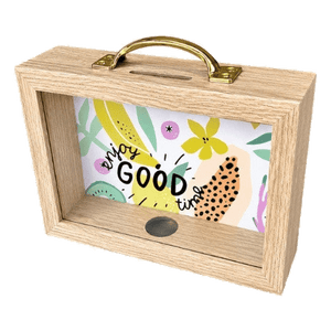 Rectangle Wooden Money Box – Enjoy the Good Times, transparent background, 1254 x 1254