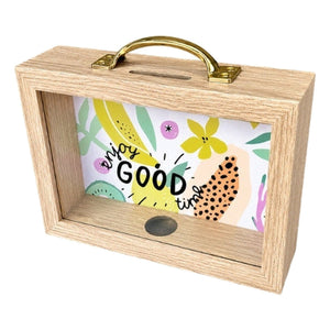 Rectangle Wooden Money Box – Enjoy the Good Times, white background, 1254 x 1254