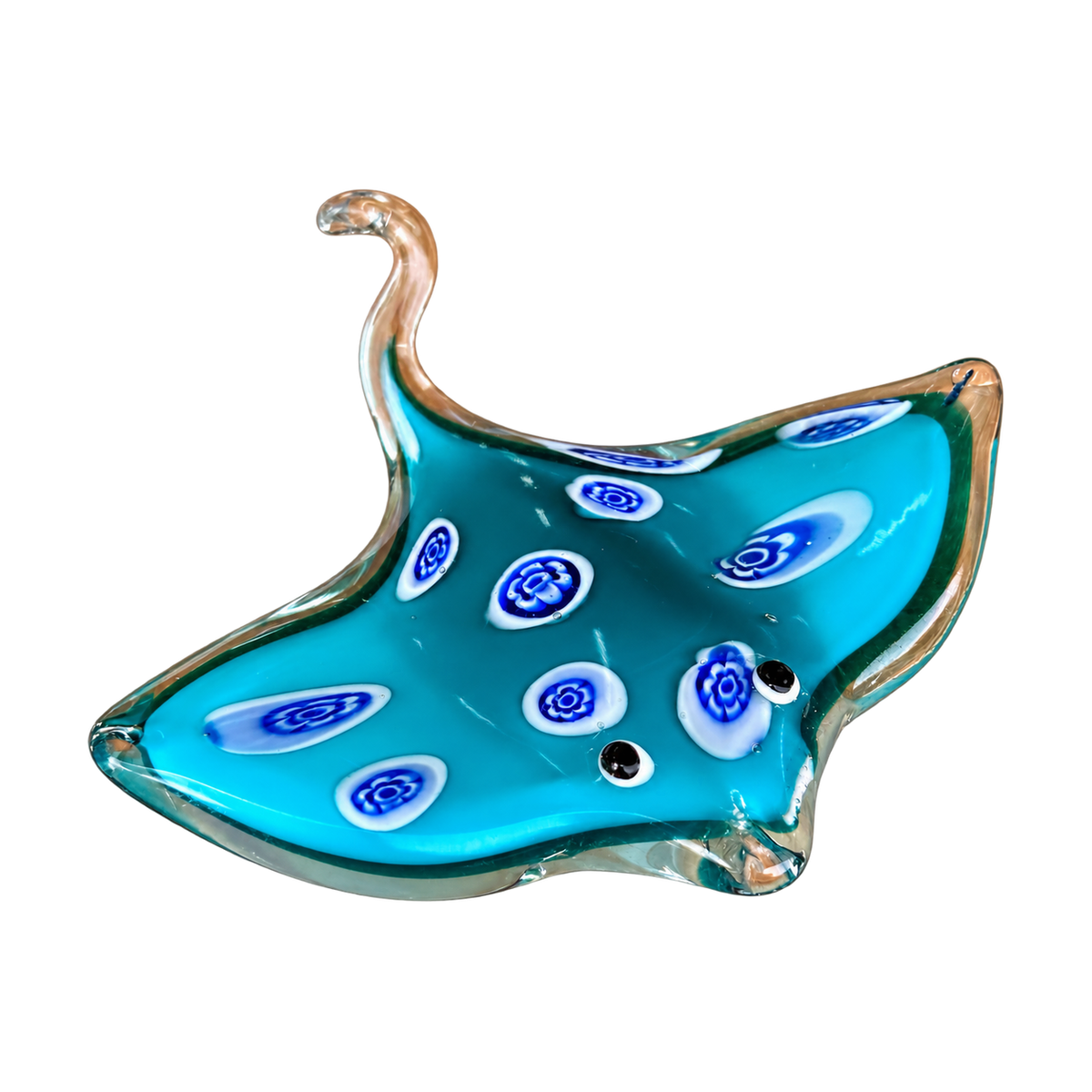 Handcrafted Glass Stingray Ornament – Turquoise Blue, transparent background