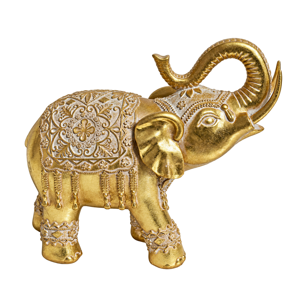 Trunk-Up Golden Elephant Figurine, transparent background