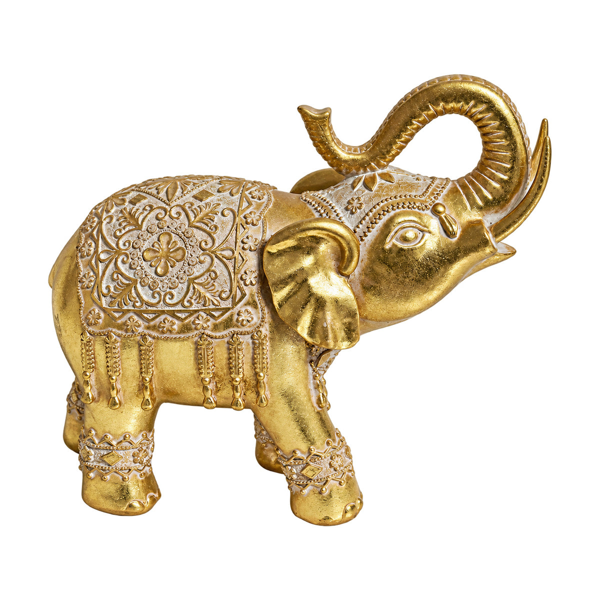 Trunk-Up Golden Elephant Figurine, white background