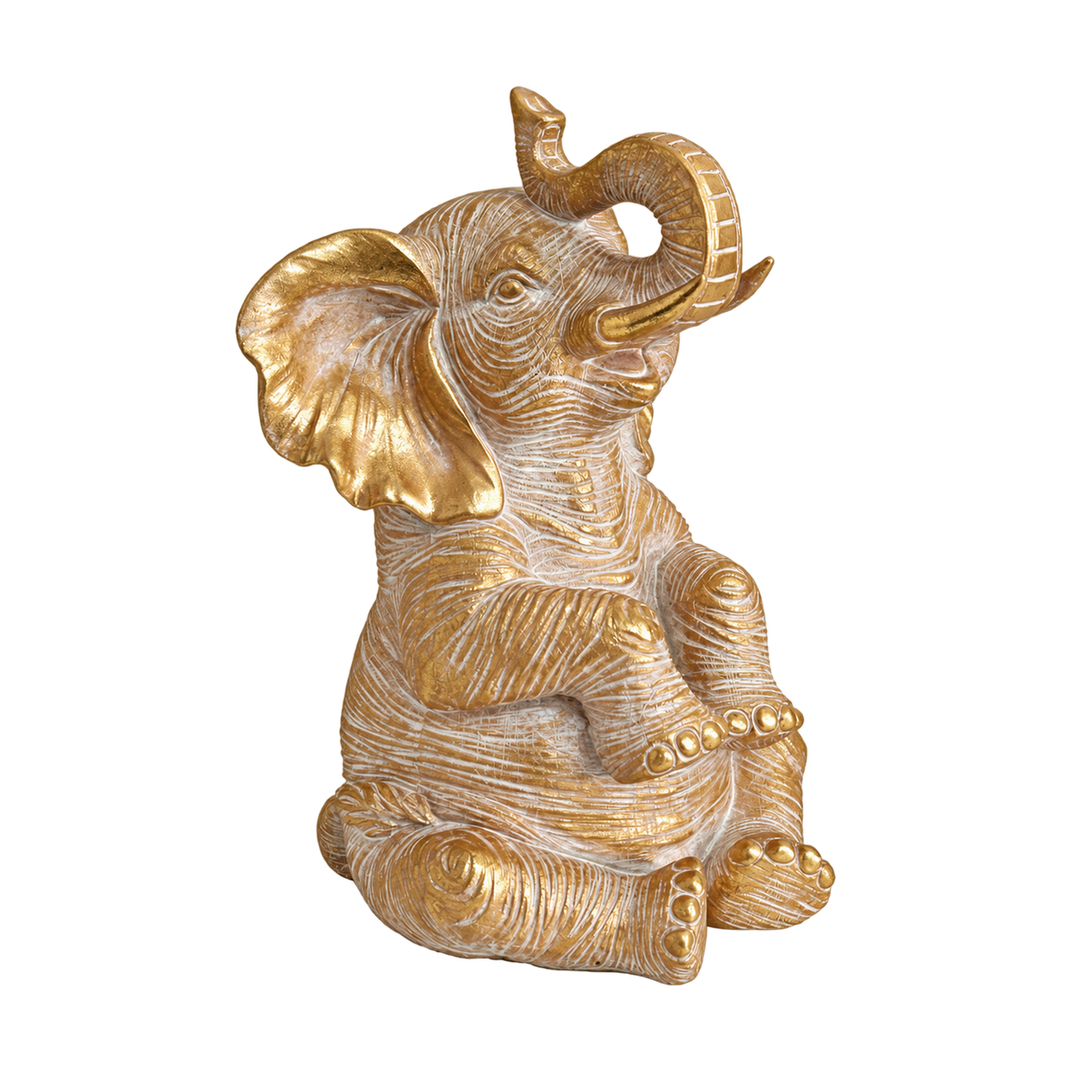 Small Gold Sitting Elephant Figurine with Trunk Up, transparent background