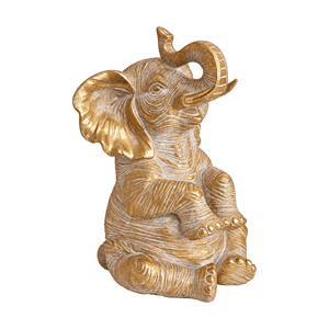 Small Gold Sitting Elephant Figurine with Trunk Up, transparent background
