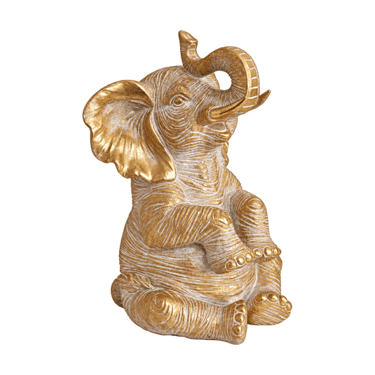 Small Gold Sitting Elephant Figurine with Trunk Up, transparent background