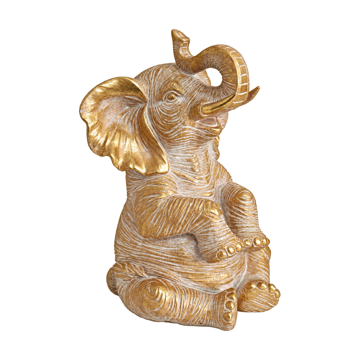 Small Gold Sitting Elephant Figurine with Trunk Up, white background
