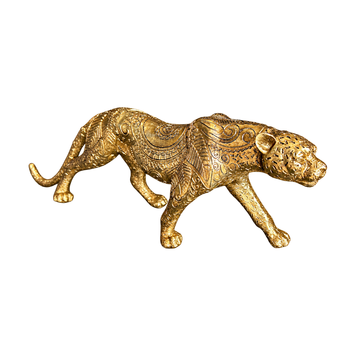 Gold Leopard Figurine with Flower Carvings, transparent background