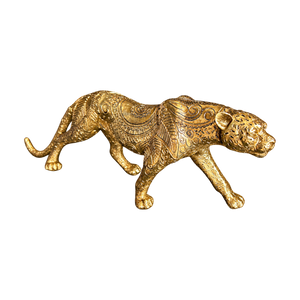 Gold Leopard Figurine with Flower Carvings, transparent background