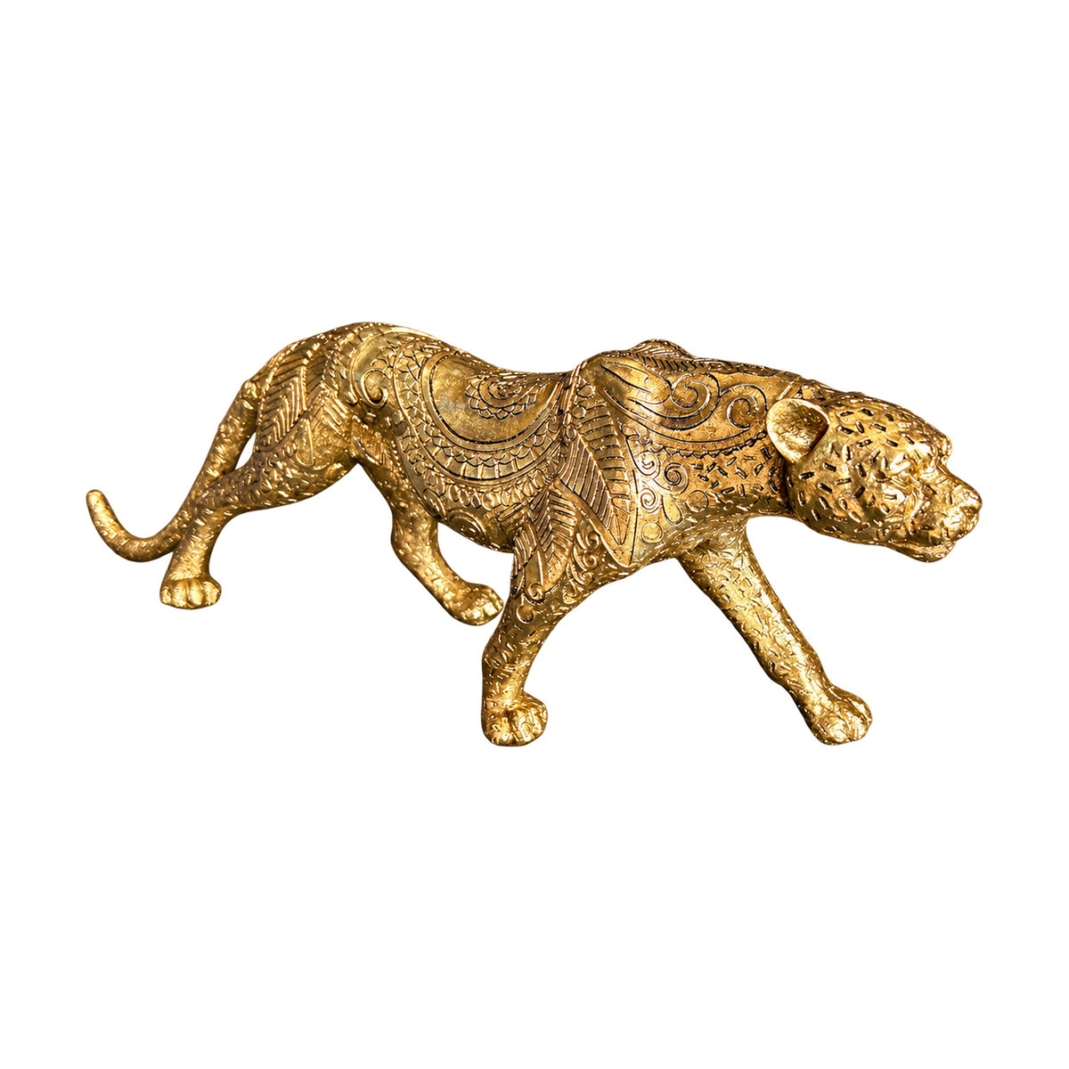 Gold Leopard Figurine with Flower Carvings, white background