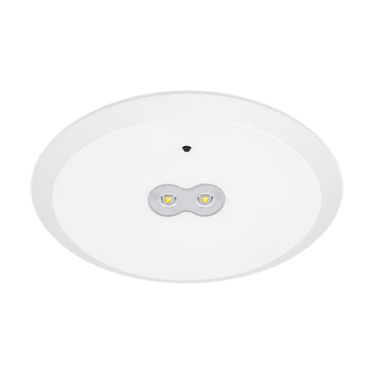White 6W emergency LED downlight with twin emergency lenses on transparent background