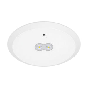 White 6W emergency LED downlight with twin emergency lenses on white background