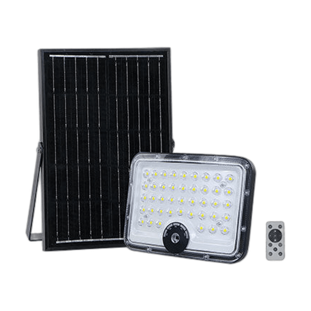 60W 3CCT LED Solar Floodlight Kit, 12W Panel, 3.2V/10Ah Battery with Remote — transparent background product image