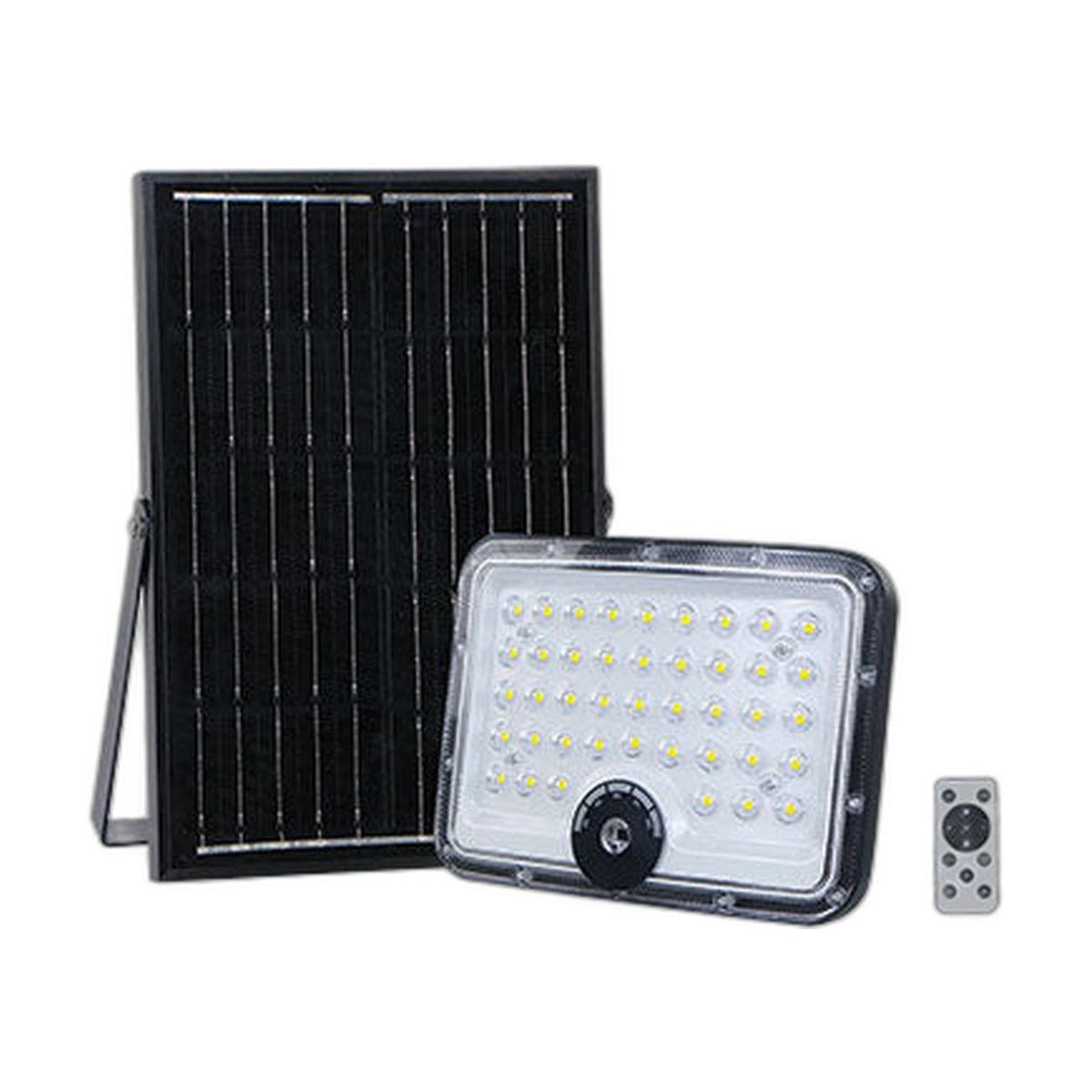 60W 3CCT LED Solar Floodlight Kit, 12W Panel, 3.2V/10Ah Battery with Remote — white background product image