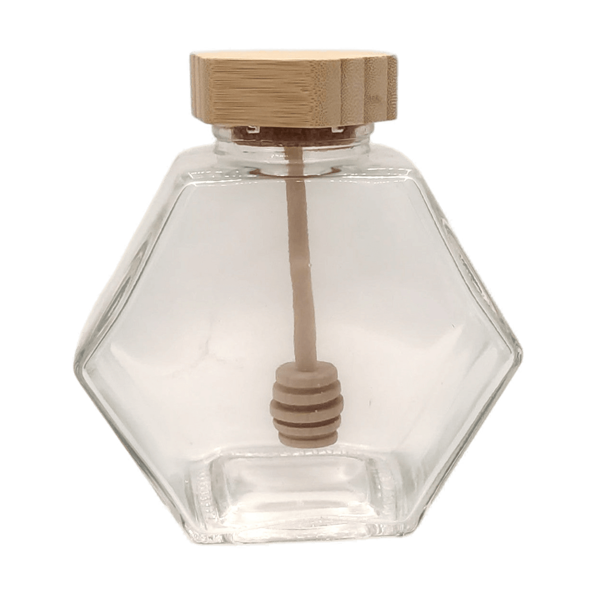 Glass Honey Pot Wooden Lid & Spoon 380ml on a transparent background