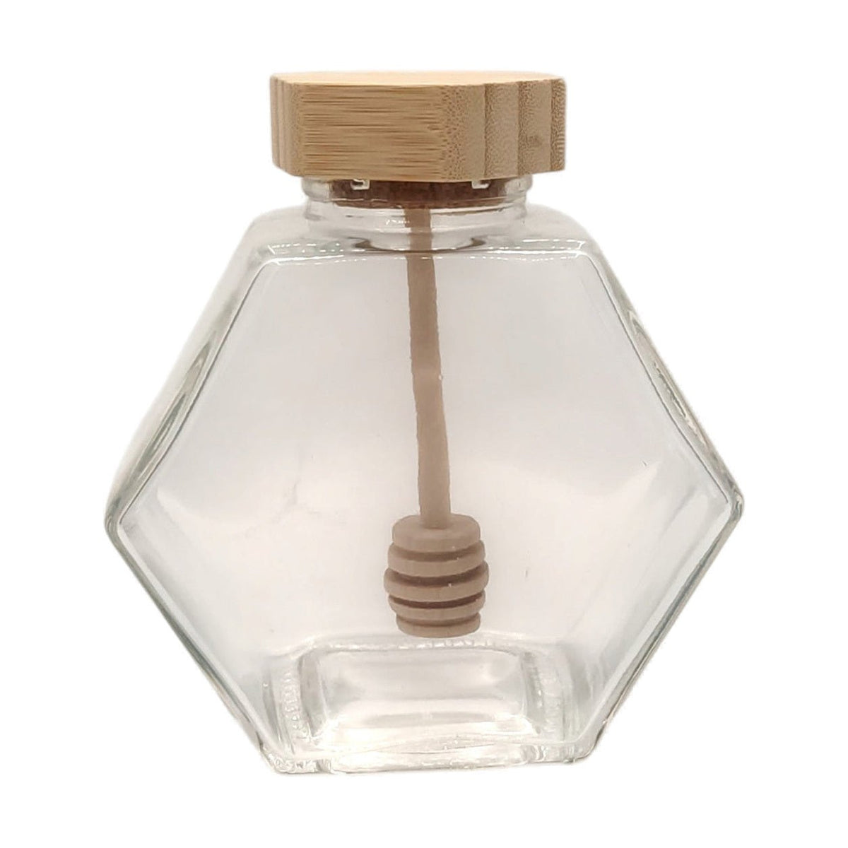 Glass Honey Pot Wooden Lid & Spoon 380ml on a white background