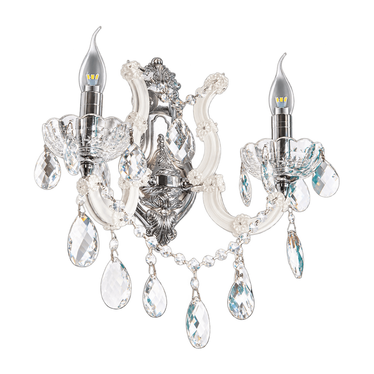 2-Light White Glass & Crystal Wall Light, E14 — transparent background