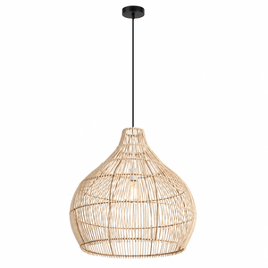 Woven rattan pendant light with a natural finish, suspended from a black ceiling mount.