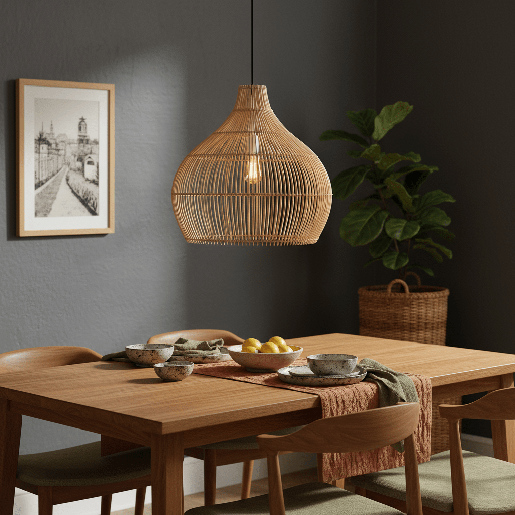 Haiti Bamboo Rattan Pendant light hanging above a wooden dining table set with bowls and a plant in the background.