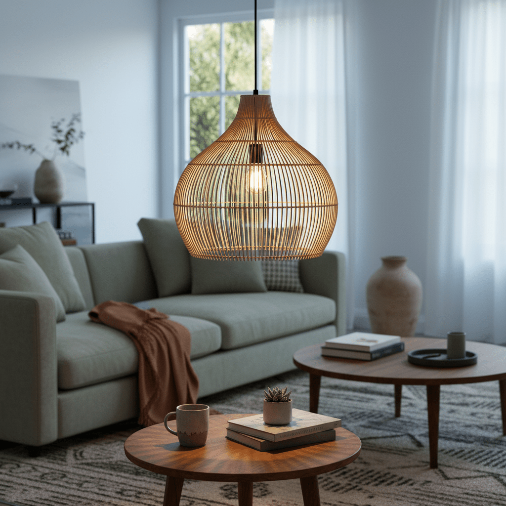 Woven bamboo rattan pendant light hanging above a cozy living room setting with a green sofa and wooden coffee tables.