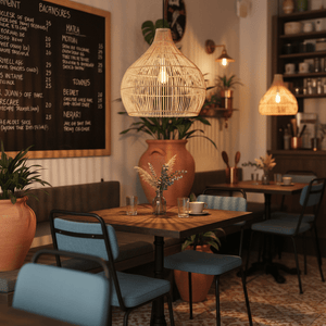 Haiti Bamboo Rattan Pendant 320 hanging above a cozy dining table in a warm, inviting café setting.
