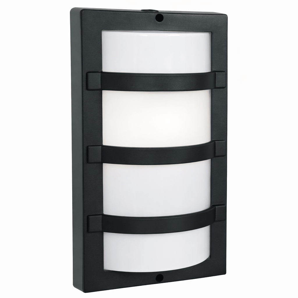 Black outdoor wall light fixture with white glass on a white background