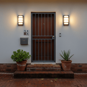 Two black rectangular outdoor wall lights illuminate an entryway beside a security-gated door, mailbox and potted plants.
