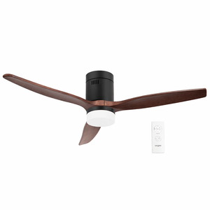 LED ceiling fan with three walnut wood blades and a matt black body, remote control included.
