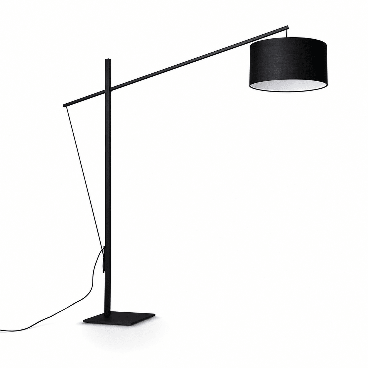 Modern black floor lamp with a fabric shade, featuring a sleek design and minimalist aesthetic.