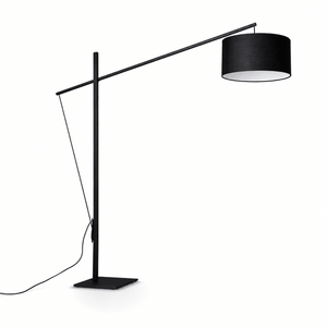 Modern black floor lamp with a fabric shade, featuring a sleek design and minimalist aesthetic.