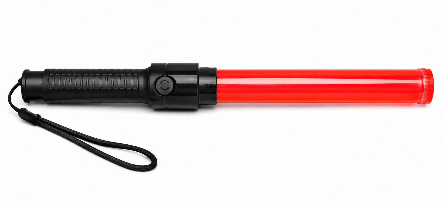 Red LED traffic baton with a black handle, designed for indoor signaling and crowd control.