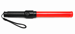 Red LED traffic baton with a black handle, designed for indoor signaling and crowd control.
