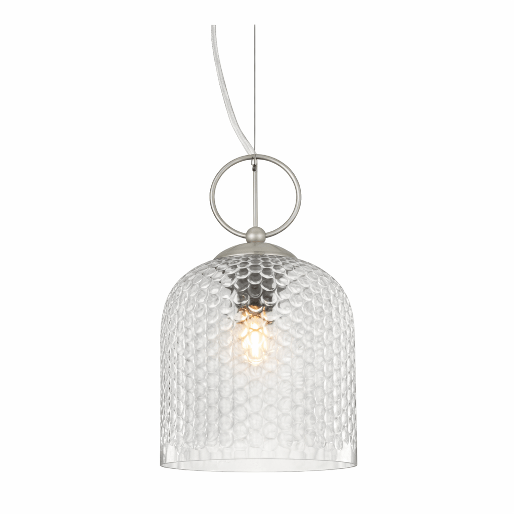 Pendant light with textured glass shade on a white background