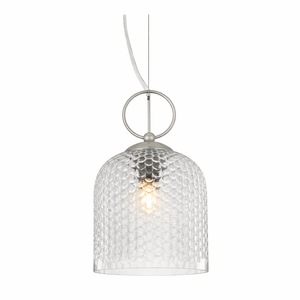 Pendant light with textured glass shade on a white background