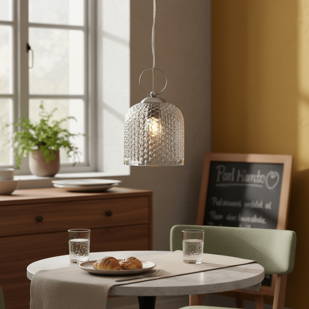 Chestnut Glass Pendant light hanging over a dining table set with pastries and drinks, featuring a warm ambiance.