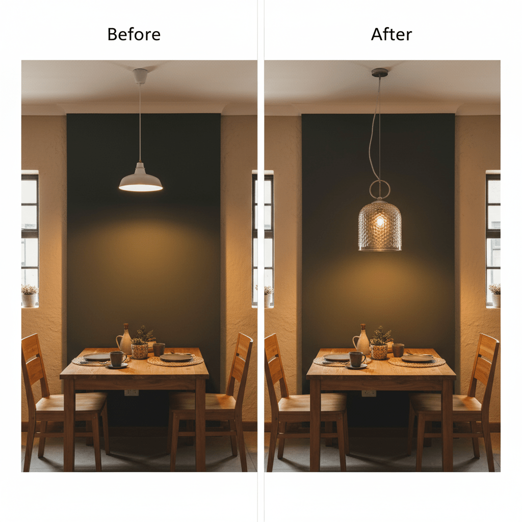 Before and after comparison of a dining area with a pendant light installation, showcasing improved lighting.