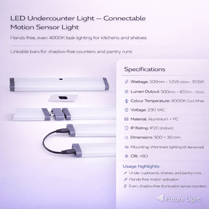 Detailed view of connectable LED undercounter lights with motion sensor, showcasing installation components and