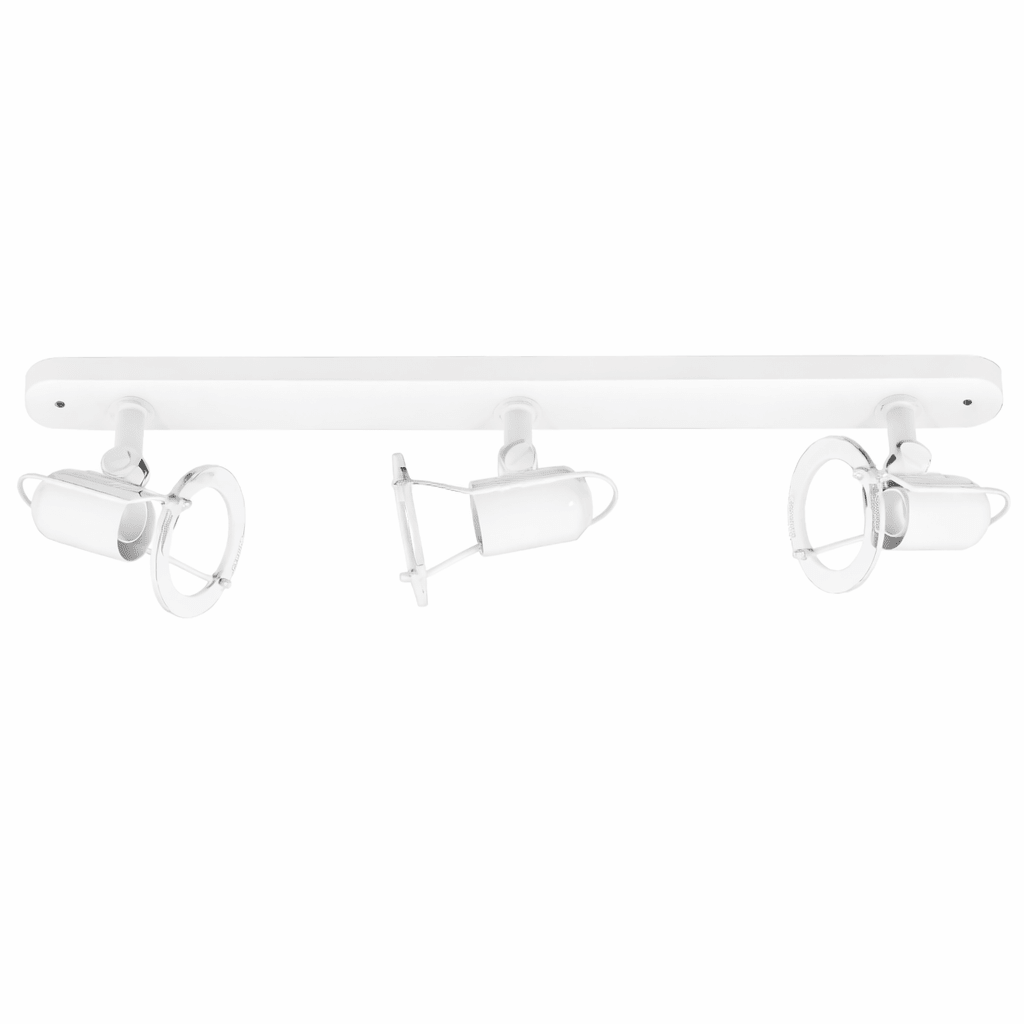 White ceiling light fixture with three spotlights on a white background