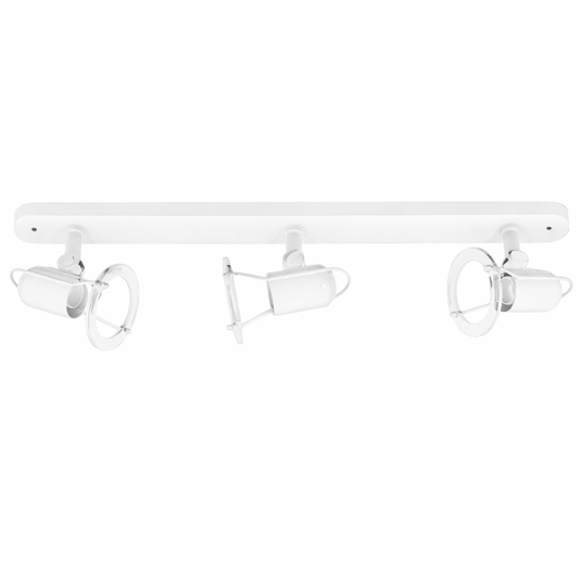 White ceiling light fixture with three spotlights on a white background