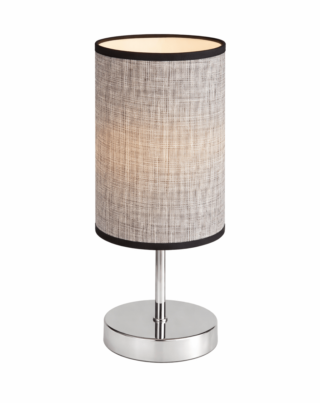 Table lamp with a textured gray shade and chrome base on a white background