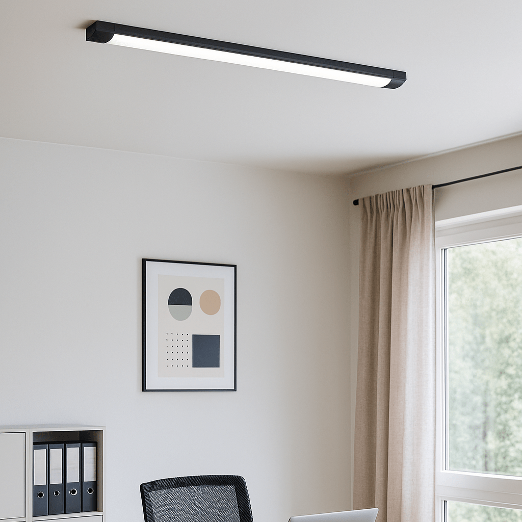 Modern office setup with a desk, chairs, and a wall-mounted light fixture.