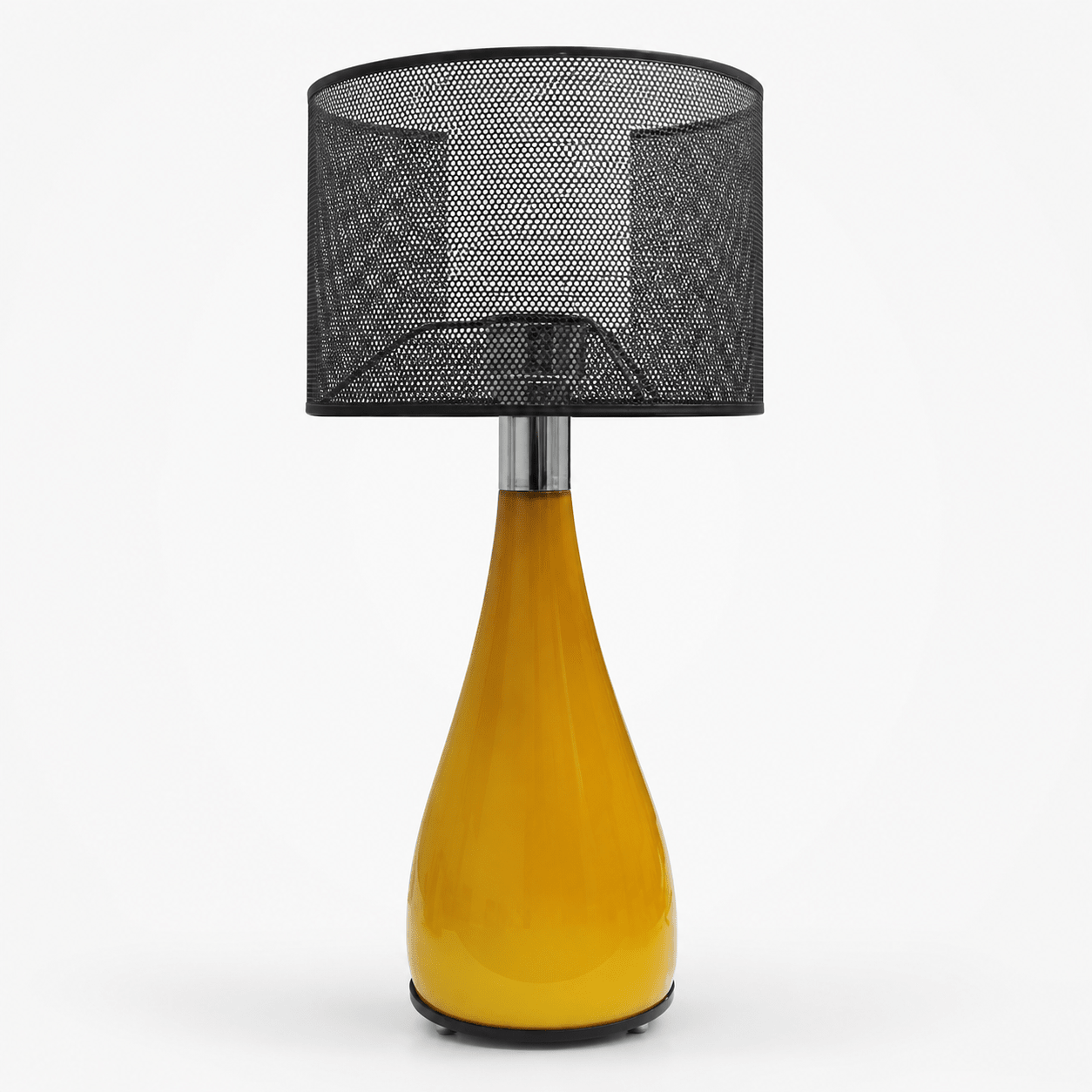 Table lamp with black mesh shade and yellow base on a white background
