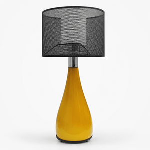 Table lamp with black mesh shade and yellow base on a white background