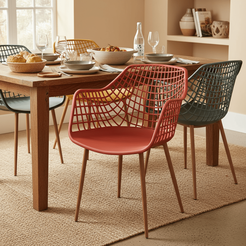 Coral Diamond Back Chair at a dining table, surrounded by various dishes and other colorful chairs.