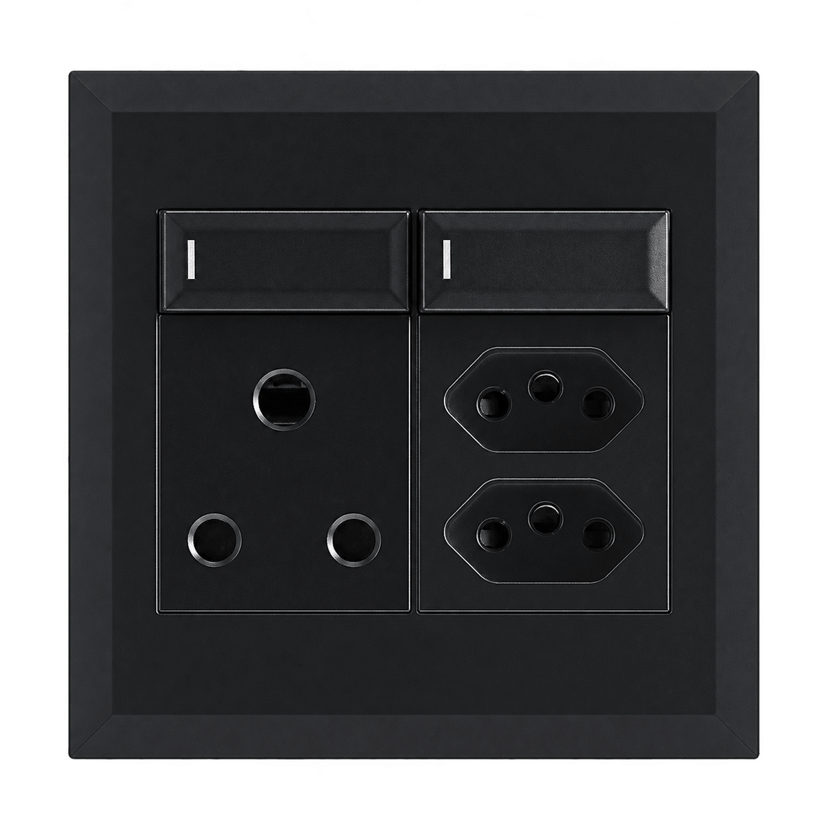 Matte black 16A switch and two slim RSA sockets, transparent background