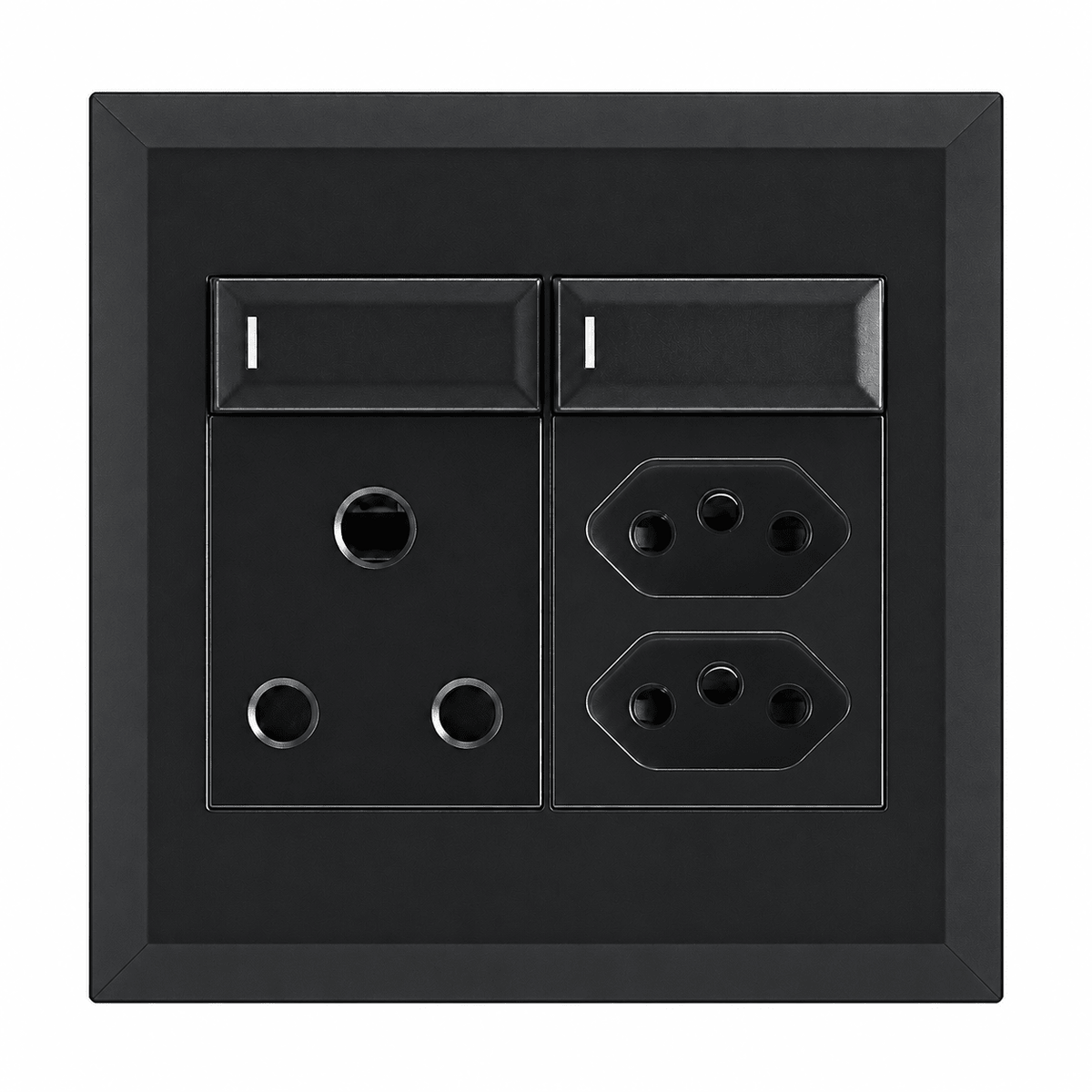 Matte black 16A switch and two slim RSA sockets on white background