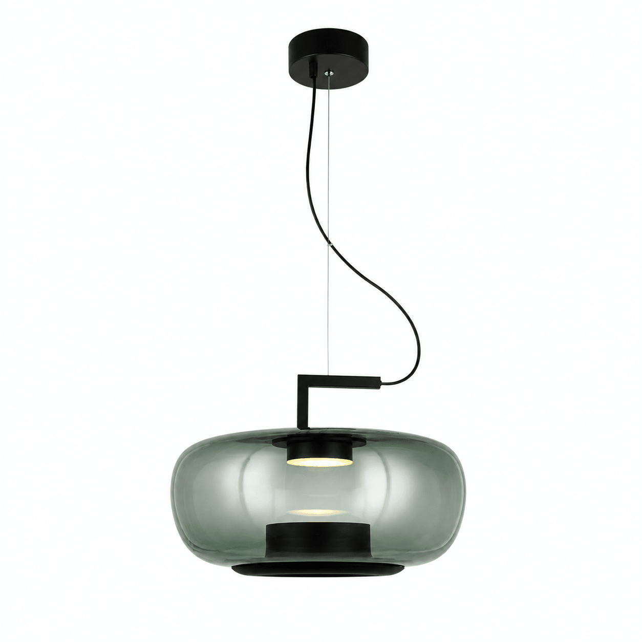 Modern green-tinted glass pendant light with black metal accents, suspended from the ceiling.